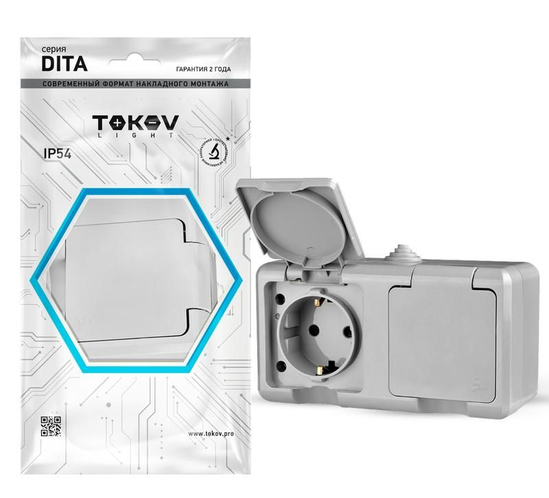 фото Розетка 2-м оп dita 16а ip54 250в с заземл. с крышкой сер. tokov electric tkl-dt-r2z-c06-i