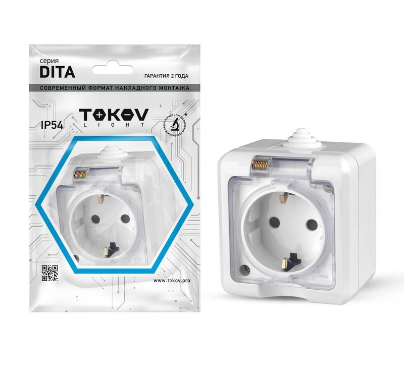 Розетка 1-м ОП Dita 16А IP54 250В с заземл. с прозр. крышкой бел. TOKOV ELECTRIC TKL-DT-R1