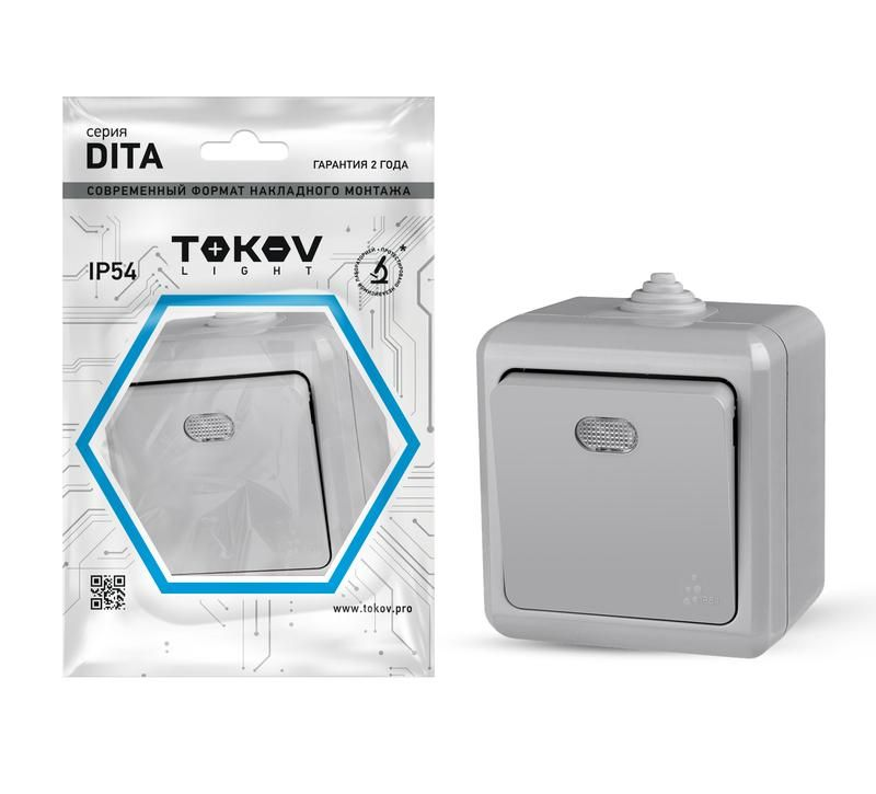 фото Выключатель 1-кл. оп dita ip54 10а 250в с индикацией сер. tokov electric tkl-dt-v1i-c06-ip