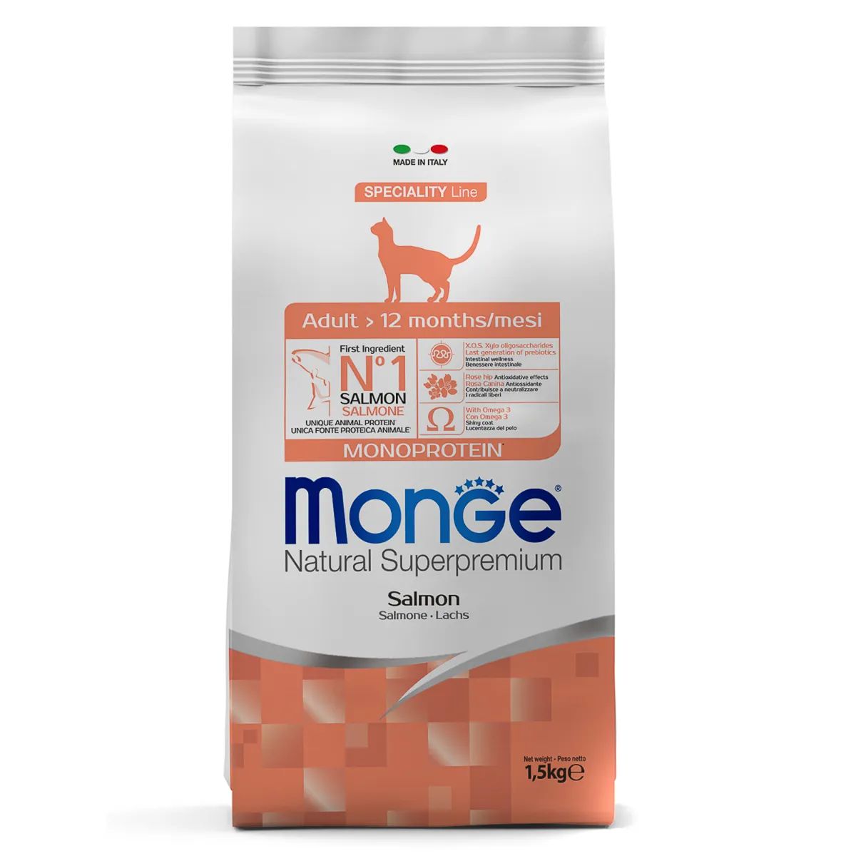 

Сухой корм для кошек Monge Cat Speciality Line Monoprotein Adult с лососем, 1,5 кг