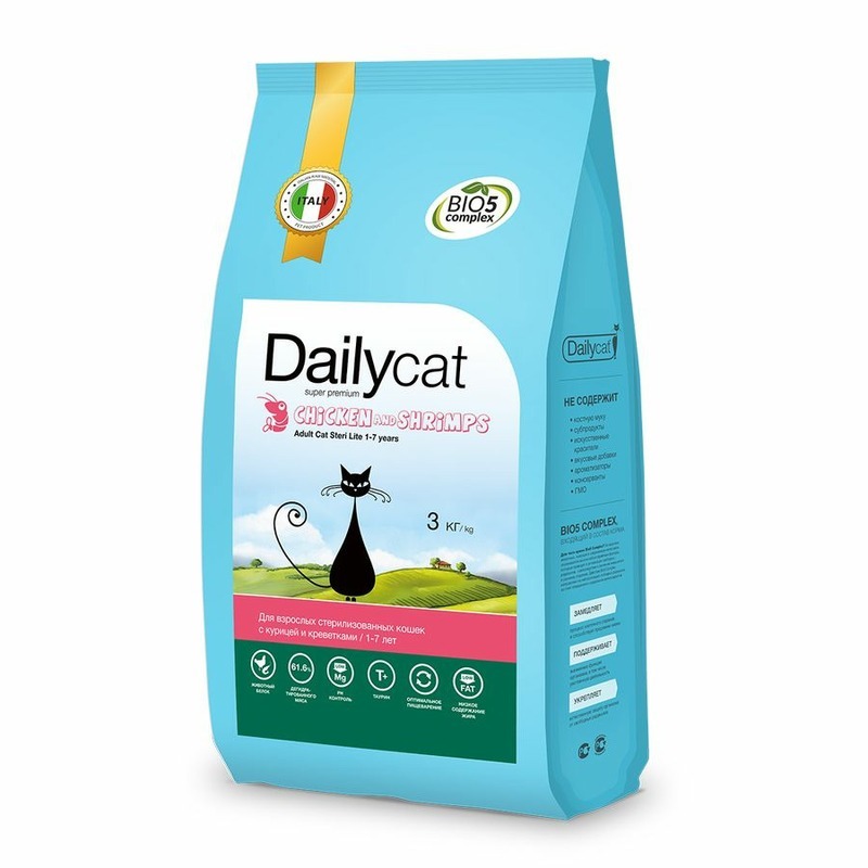 Сухой корм для кошек Dailycat Adult Steri lite с курицей и креветками, 3 кг