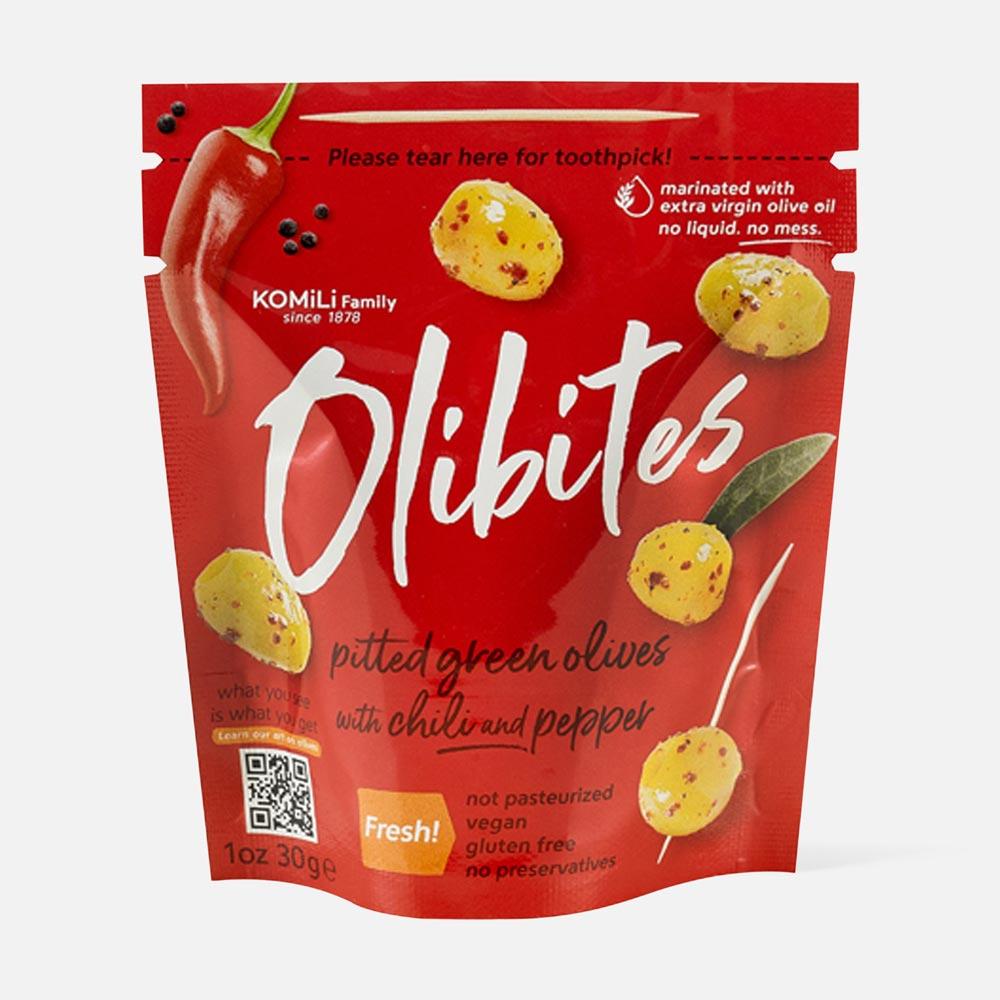 

Из Турции: Оливки Olibites без косточек, зелёные, с чили и перцем, 30 г