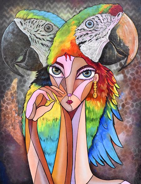 

Алмазная мозаика без подрамника Девушка попугай, 70x50 см, 30 цветов, 57122, РА-126