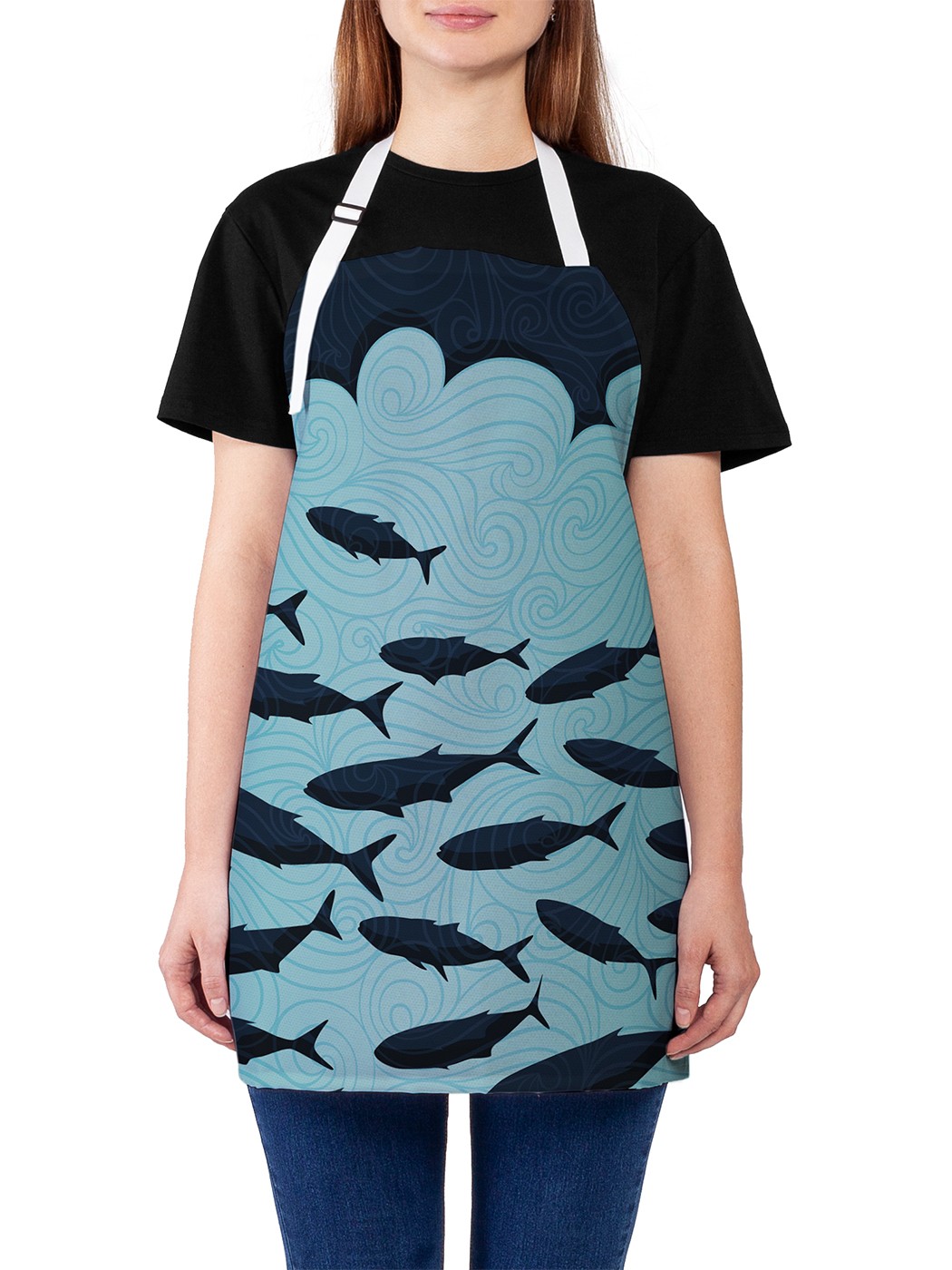 

Фартук женский JoyArty для готовки "Рыбная стая", универсальный размер, Голубой
