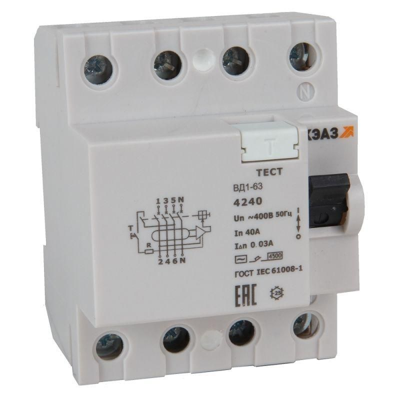 Выключатель дифференциального тока (УЗО) 4п 25А 30мА ВД1-63-4225-АС УХЛ4 электронное КЭАЗ