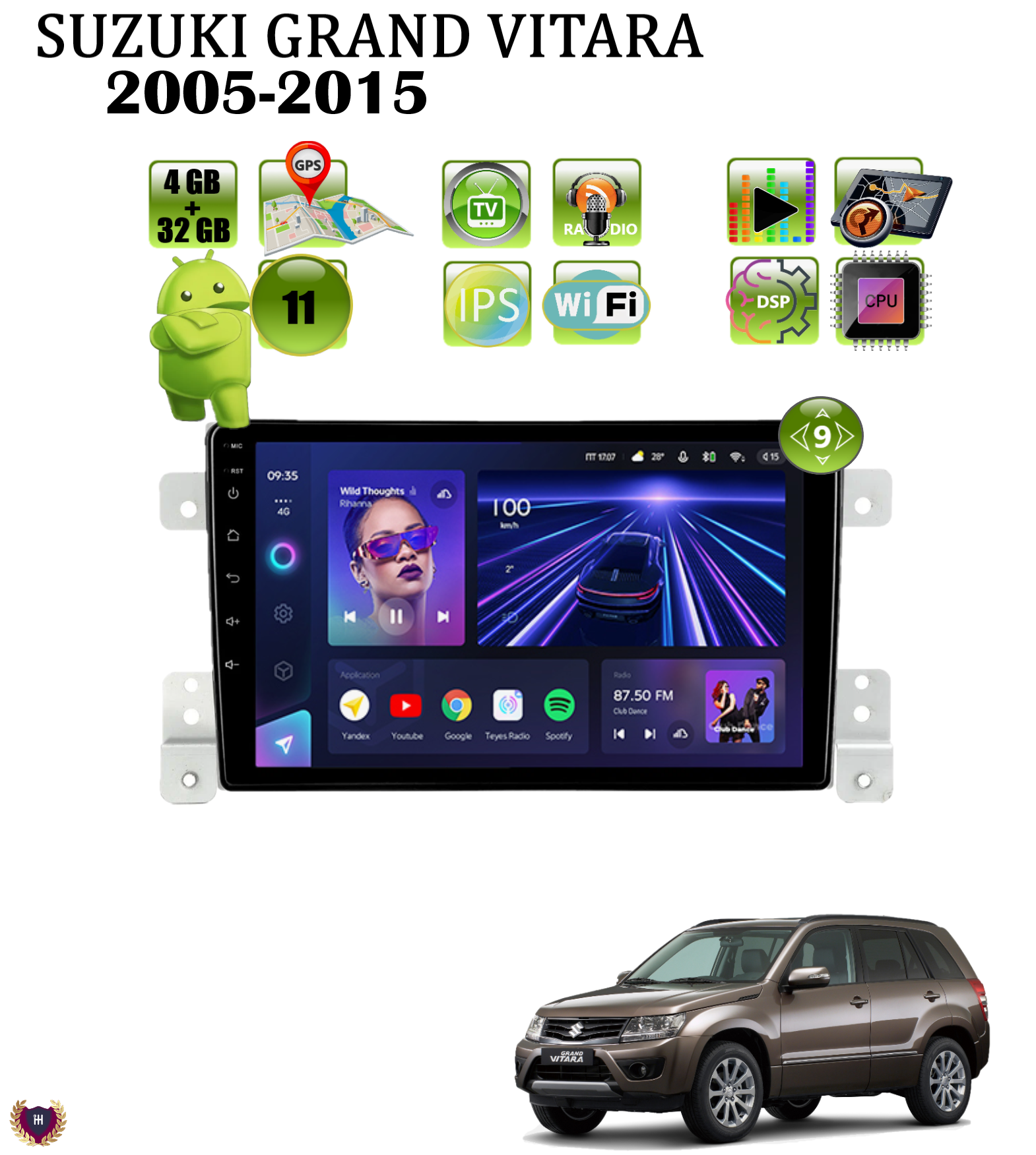 Автомагнитола Podofo для Suzuki Grand Vitara (2005-2015), Android 11, 4/32 Gb, Wi-Fi, GPS