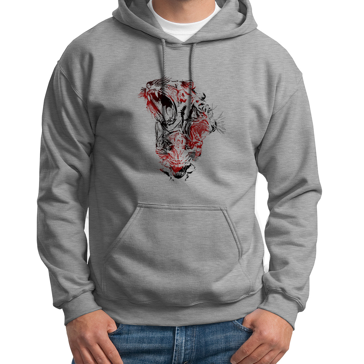 

Худи унисекс CoolPodarok Три тигриные пасти арт серое 48 RU, 8S015866