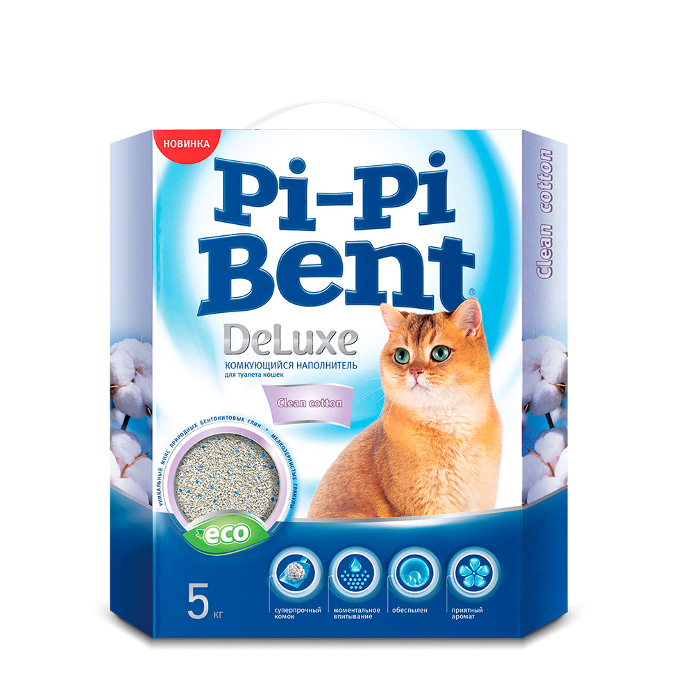 Комкующийся наполнитель Pi-Pi Bent DeLuxe Clean Cotton бентонитовый, 5 кг