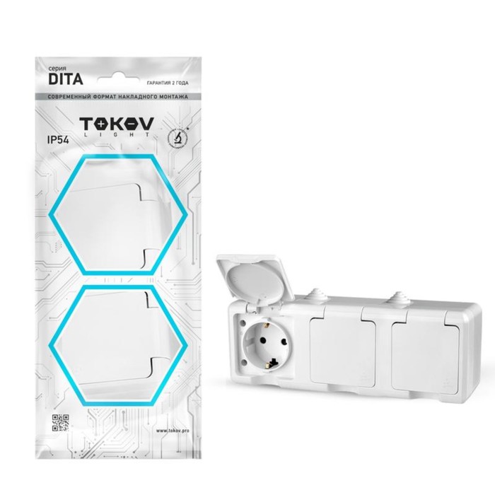 фото Розетка tokov electric, dita, 3-м, 16а, ip54, 250в, с з/к, с кр, белый