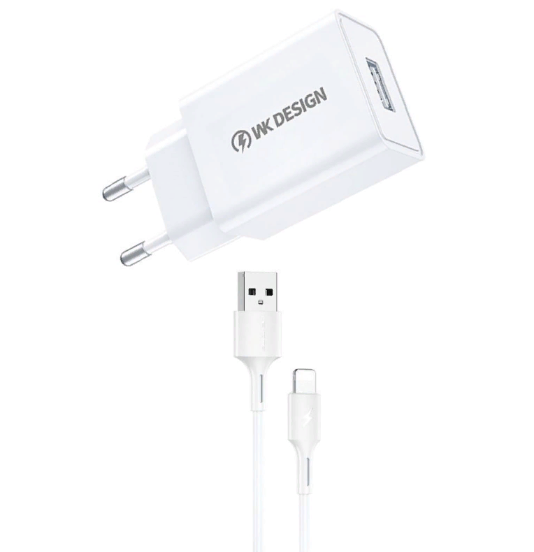 

Сетевое зарядное устройство WK WP-U118i 1xUSB, 2А + кабель Lightning 8-pin, 1м (белый)