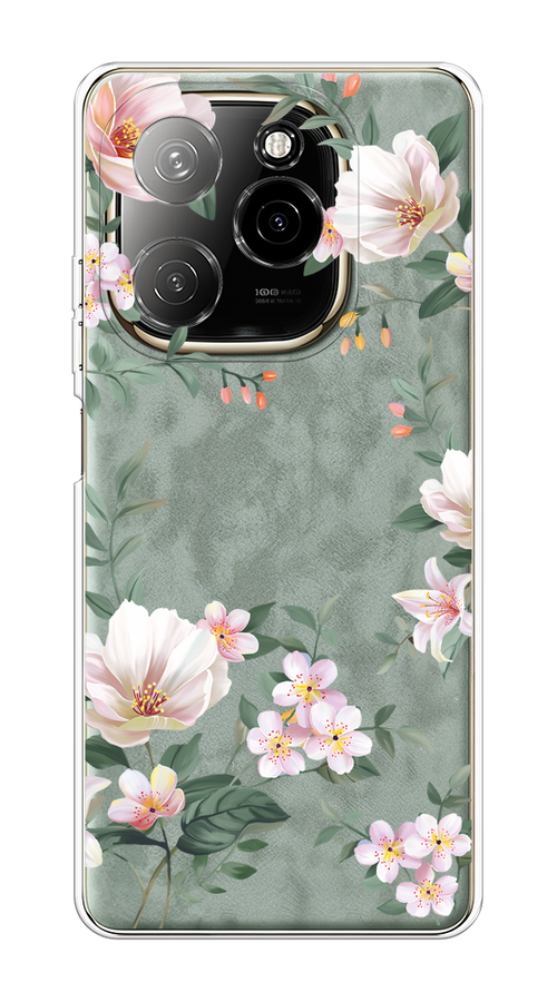 

Чехол на Tecno Spark 20 Pro 5G "Beautiful white flowers", Бежевый;зеленый, 305750-1