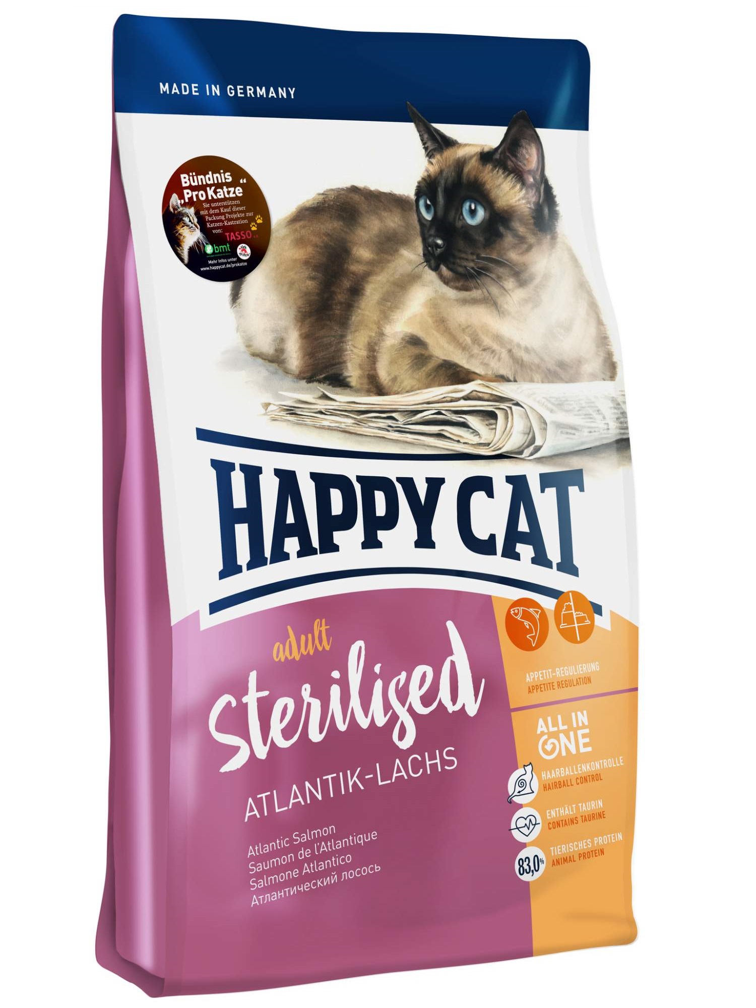 фото Сухой корм для кошек happy cat sterilised, для стерилизованных, лосось, 0,3кг