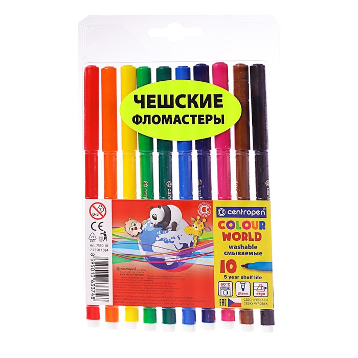 

Фломастеры 10 цветов 2.0 мм Centropen 7550 ТП Colour World, смываемые, европодвес, линия 1
