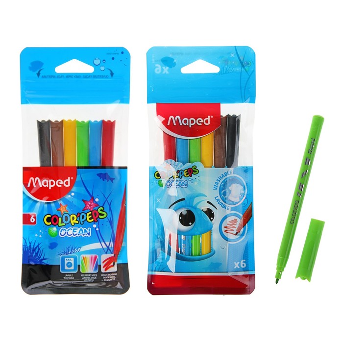 

Фломастеры 6 цветов Color Peps Ocean, блокированый пишущий узел, суперсмываемые, микс, Разноцветный