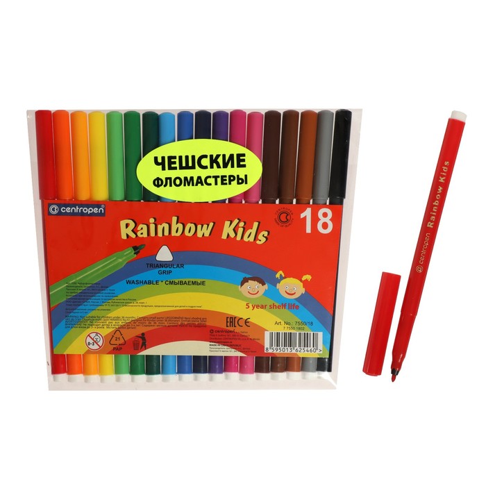 

Фломастеры 18 цветов Centropen 7550 Rainbow Kids, пластиковый конверт, линия 1.0 мм, Разноцветный