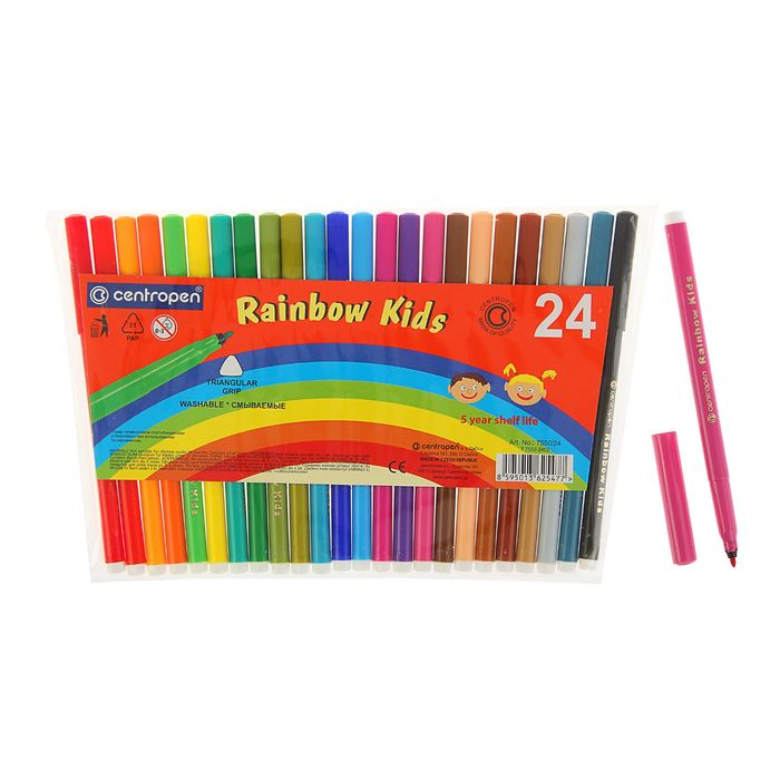 

Фломастеры 24 цвета Centropen 7550 Rainbow Kids, пластиковый конверт, линия 1.0 мм