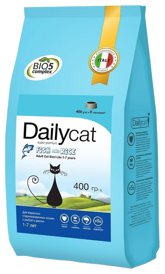 

Сухой корм для кошек Dailyсat с рыбой и рисом, для стерилизованных, 4шт по 0,4кг
