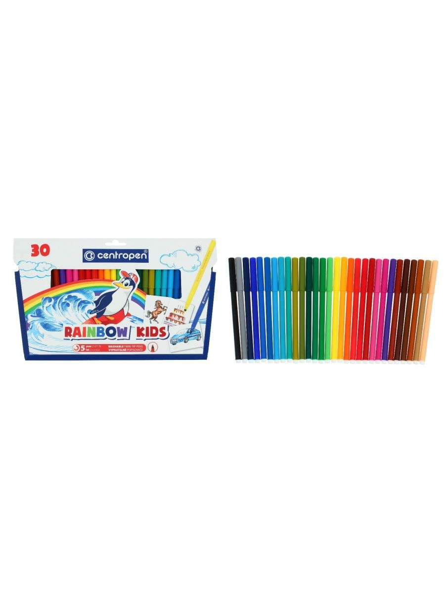 

Фломастеры 30 цветов 2.0 мм Centropen 7550 Rainbow Kids, смываемые, линия 1.0 мм, Разноцветный