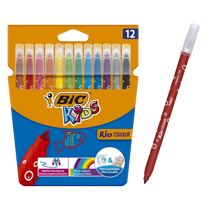 

Фломастеры 12 цветов BIC Kid Couleur, детские, смываемые, среднее письмо