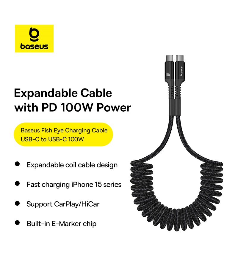 

Кабель Baseus FLEXIBLE COIL CORD 100W USB-C to USB-C (P10320203111-00) черный, FLEXIBLE COIL CORD 100W