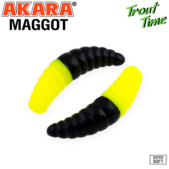 

Приманка силиконовая (мягкая) AKARA TROUT TIME MAGGOT сыр (MG1/6-419-CH-F10/1,6"/419), Черный;желтый