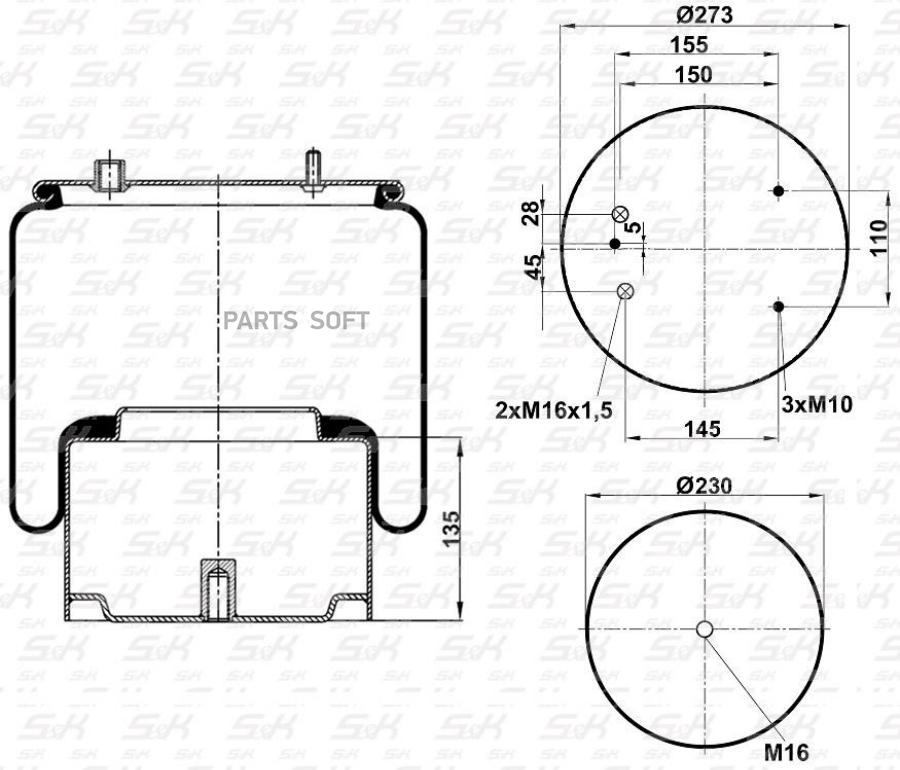 Пневморессора. Поршень Металл Верх: 3М10 | 2М16X1.5 Низ: 1М16