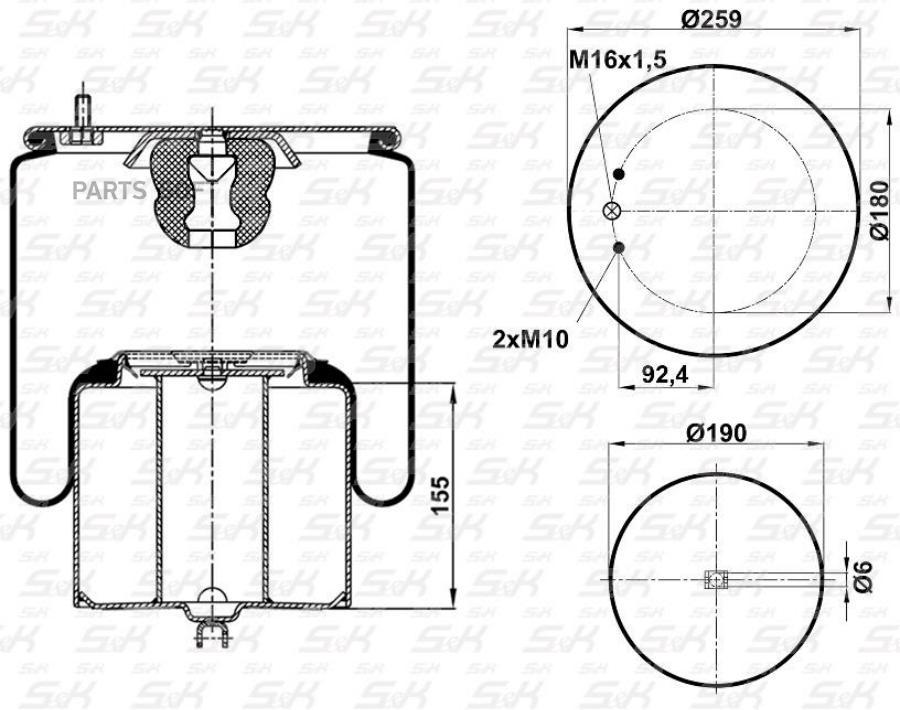 Пневморессора. Поршень Металл Верх: 1М16X1.5 | 2М10X1.5 Низ: L.20, D.6