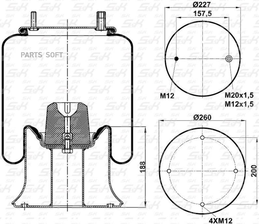 

Пневморессора. Поршень Металл Верх: 1М12X1.5/М20X1.5 | 1М12 Низ: 4М12