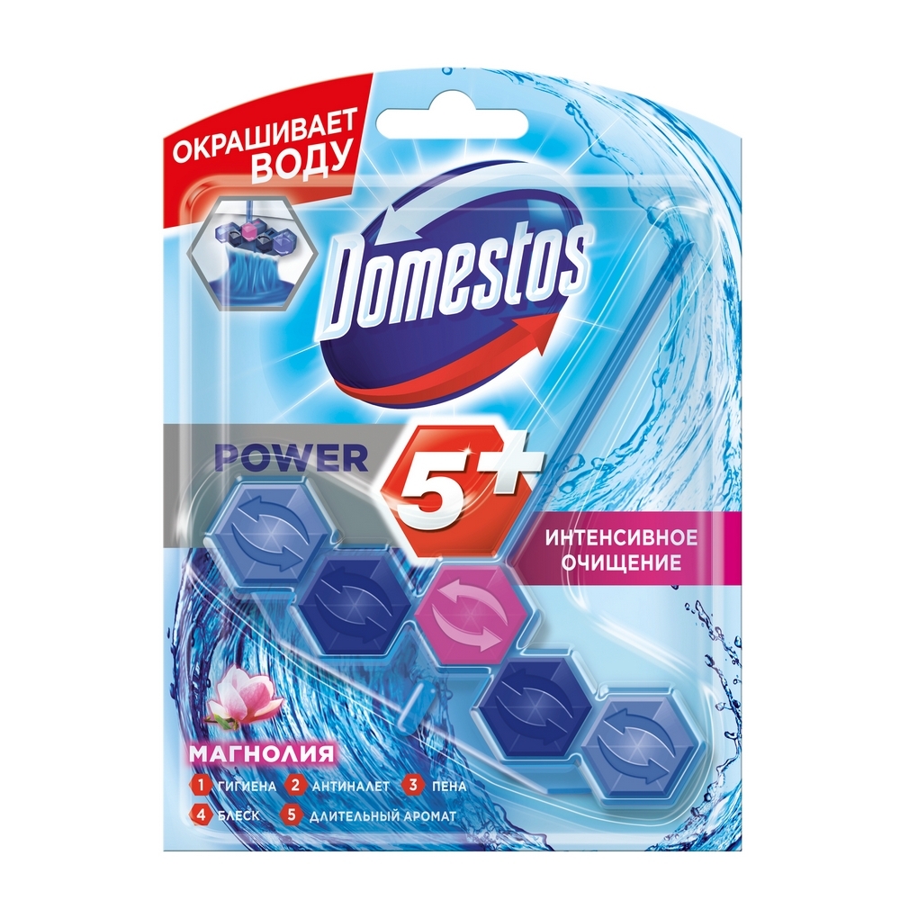 фото Блок для очищения унитаза power 5+ видимая защита магнолия domestos