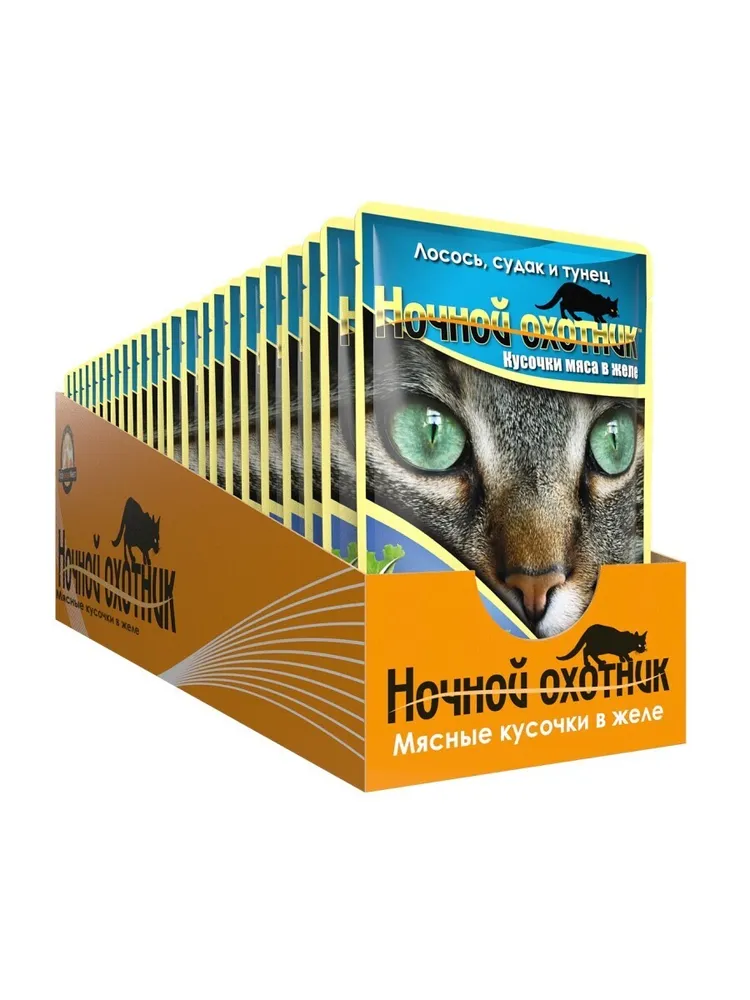 

Влажный корм для кошек Ночной Охотник, лосось, судак, тунец, 24шт по 100г, лосось, тунец, рыба 100 г