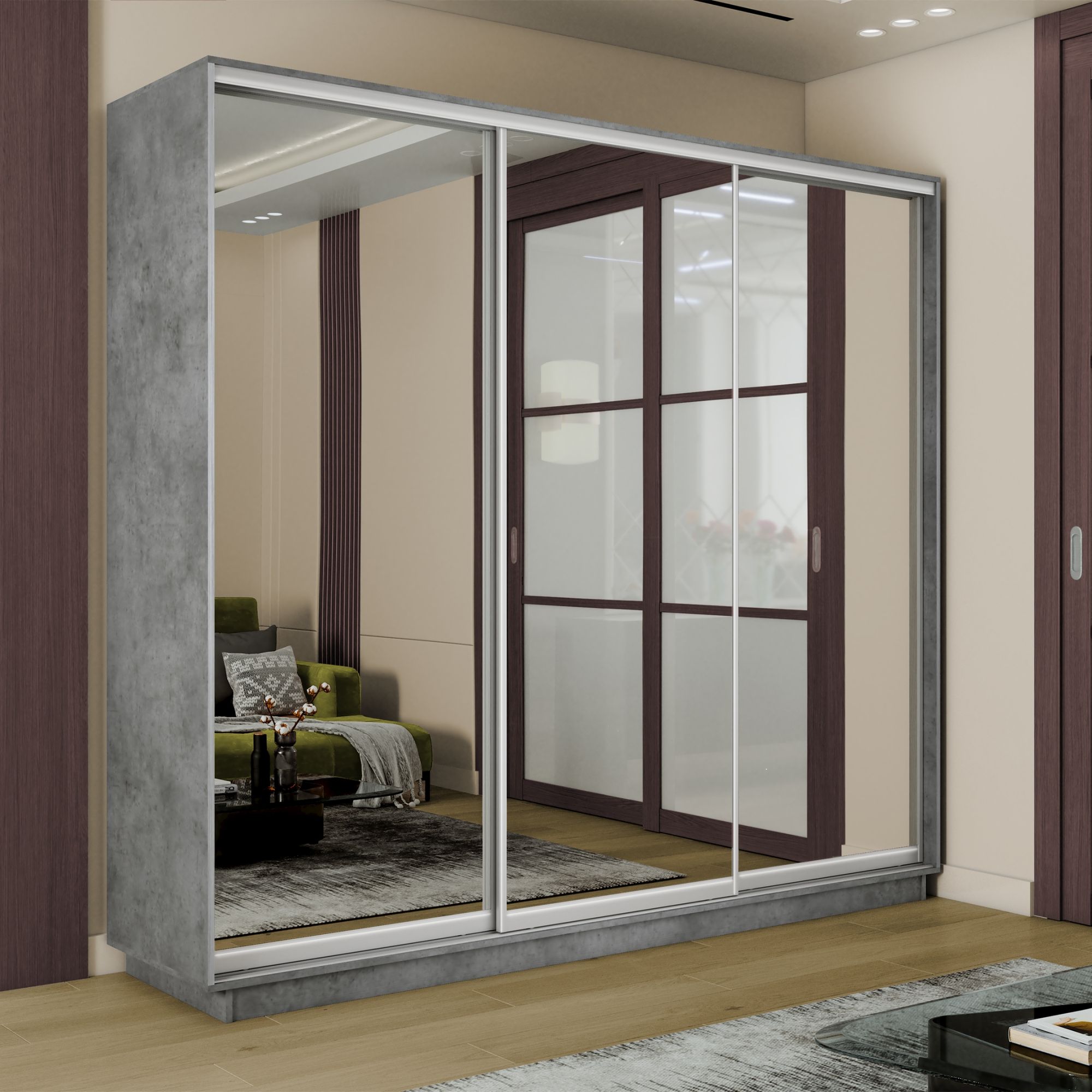 

Шкаф-купеЕ1 Экспресс зеркала 180х60х240, Бетон, Серый, Экспресс