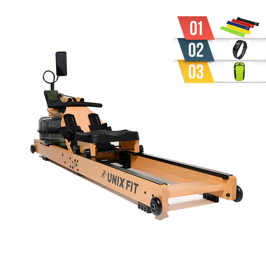 Гребной тренажер UNIX Fit Wood Rower Light + набор для фитнеса