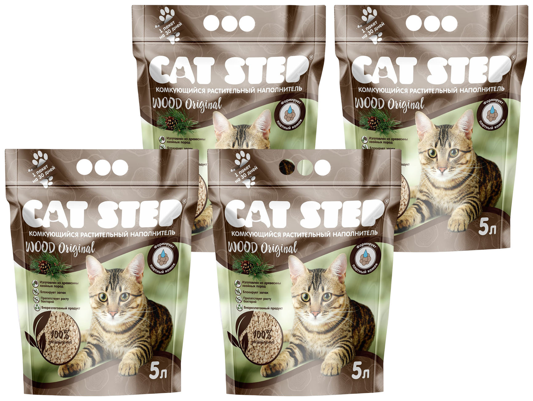 фото Наполнитель для кошек cat step wood original древесный комкующийся, 4шт по 5л