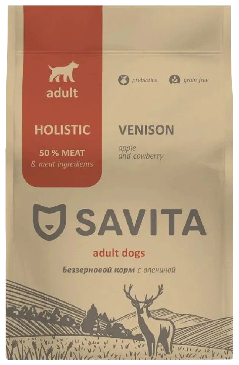 Сухой корм для взрослых собак Savita беззерновой с олениной, 4 кг