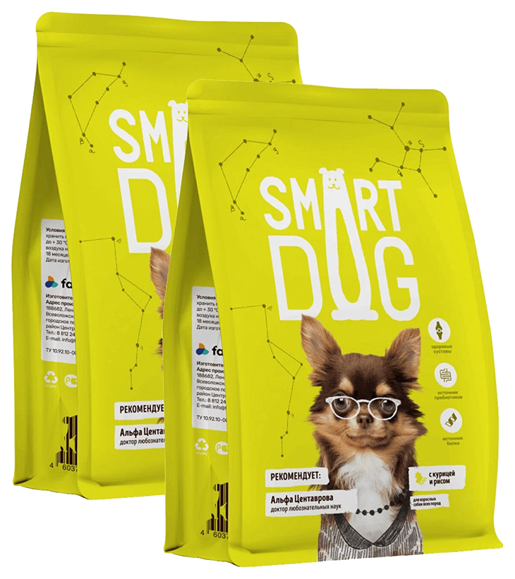 

Сухой корм для собак всех пород Smart Dog с курицей и рисом, 2 шт по 3 кг