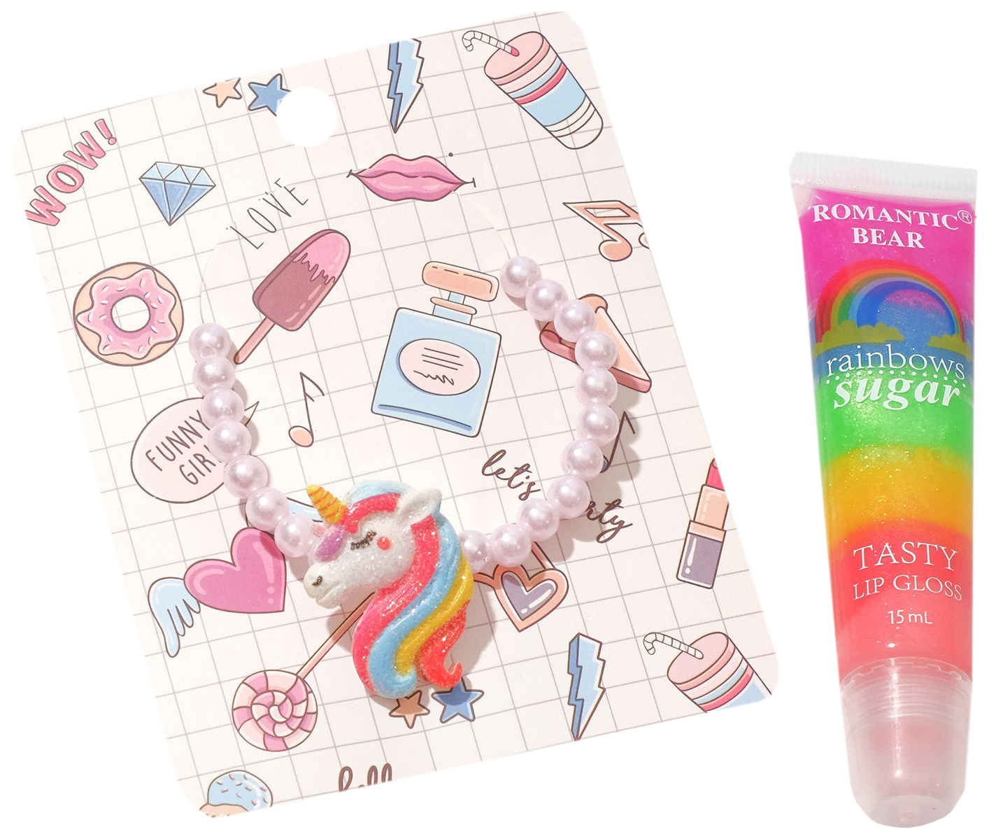 фото Набор детский выбражулька 2 предмета: браслет, бальзам для губ, радужный единорог, цветной