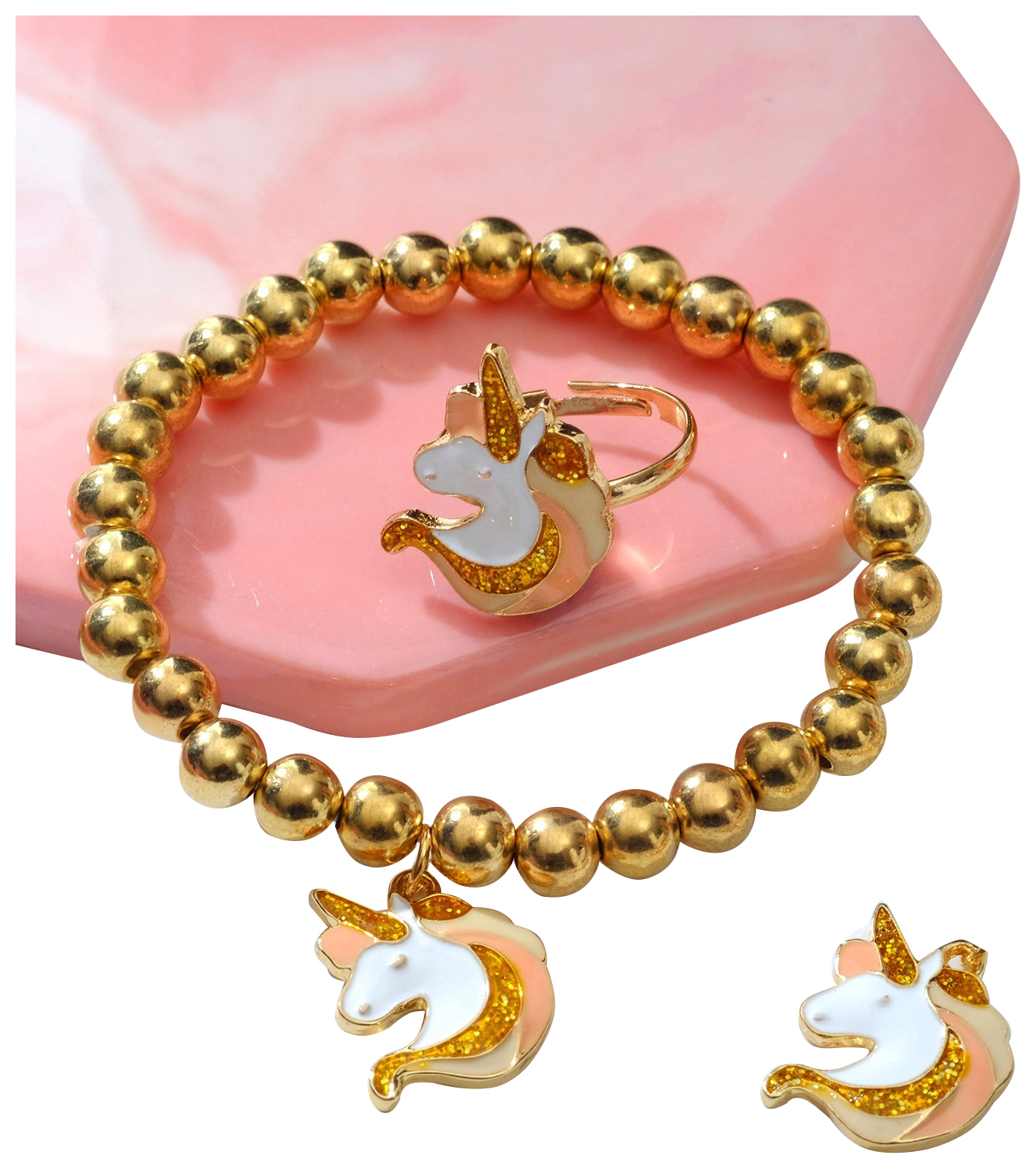 

Набор детский 3 предмета: кулон, браслет, кольцо Выбражулька единороги, цветной в золоте, Золотистый, Единорог