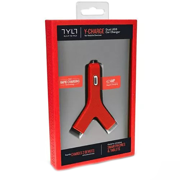 фото Автозарядка tylt y-charge 2 usb 4.2a для iphone/ipod/ipad/android красная