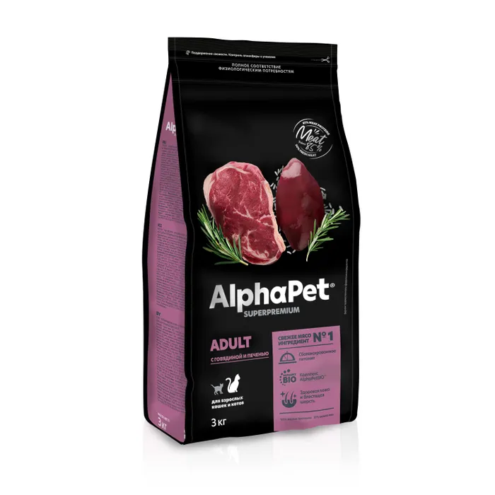 

Сухой корм для кошек полнорационный AlphaPet Superpremium с говядиной и печенью, 3кг (Аль