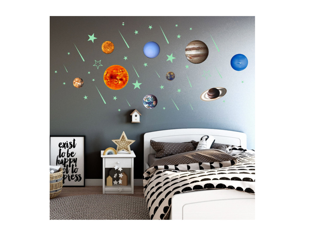 Интерьерная декоративная наклейка URM светящихся в темноте, 39 шт звезд и 9 шт планет