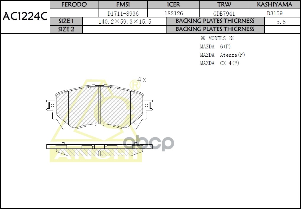 

Тормозные Колодки Anchi Ac1224c Mazda 6 12- Front ANCHI арт. AC1224C