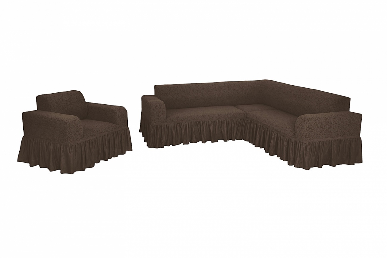 фото Комплект чехлов на угловой диван и кресло с оборкой venera "жаккард", цвет: коричневый