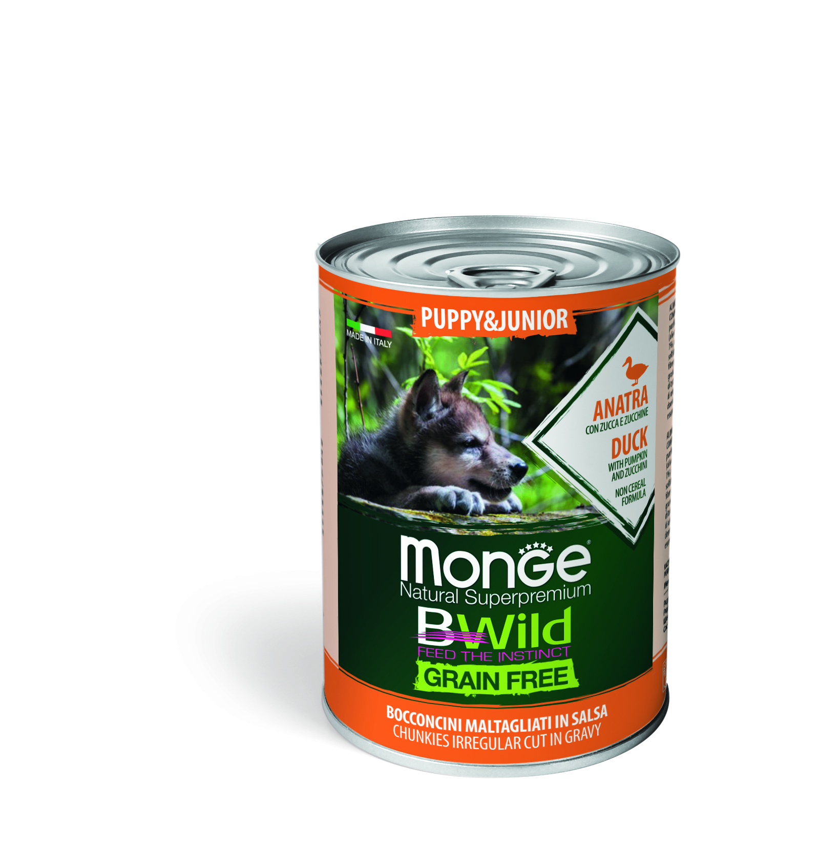 

Консервы для щенков Monge Dog BWild Grainfree PUPPY,JUNIOR утка, тыквой, кабачок, 400г, Dog BWild Grainfree PUPPY/JUNIOR из утки с тыквой и кабачками для щенков 400 г