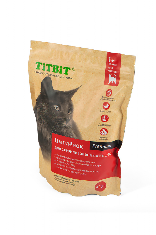 Сухой корм для кошек TiTBiT для стерилизованных кошек с мясом , цыпленок,  0.4кг