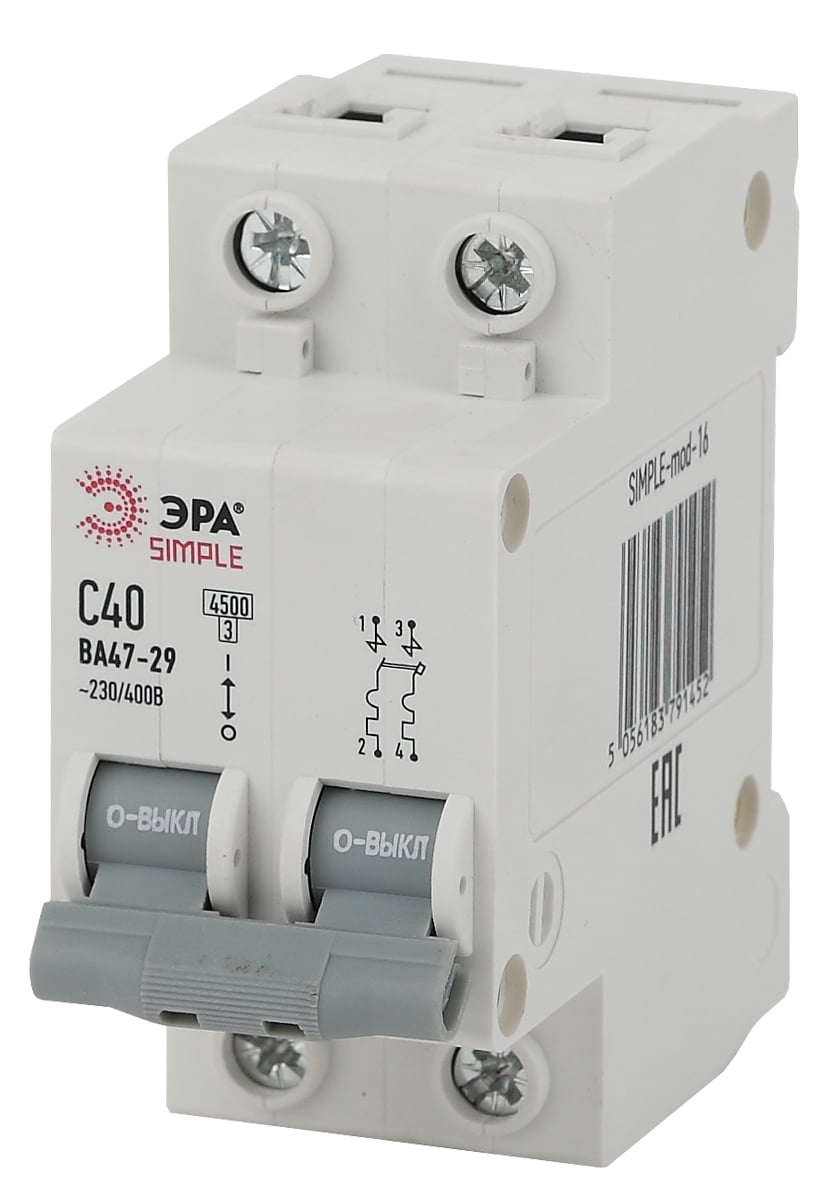 

Автоматический выключатель ЭРА SIMPLE-mod-10 2P 6А (C) 4,5кА ВА 47-29 (6/90/1800)