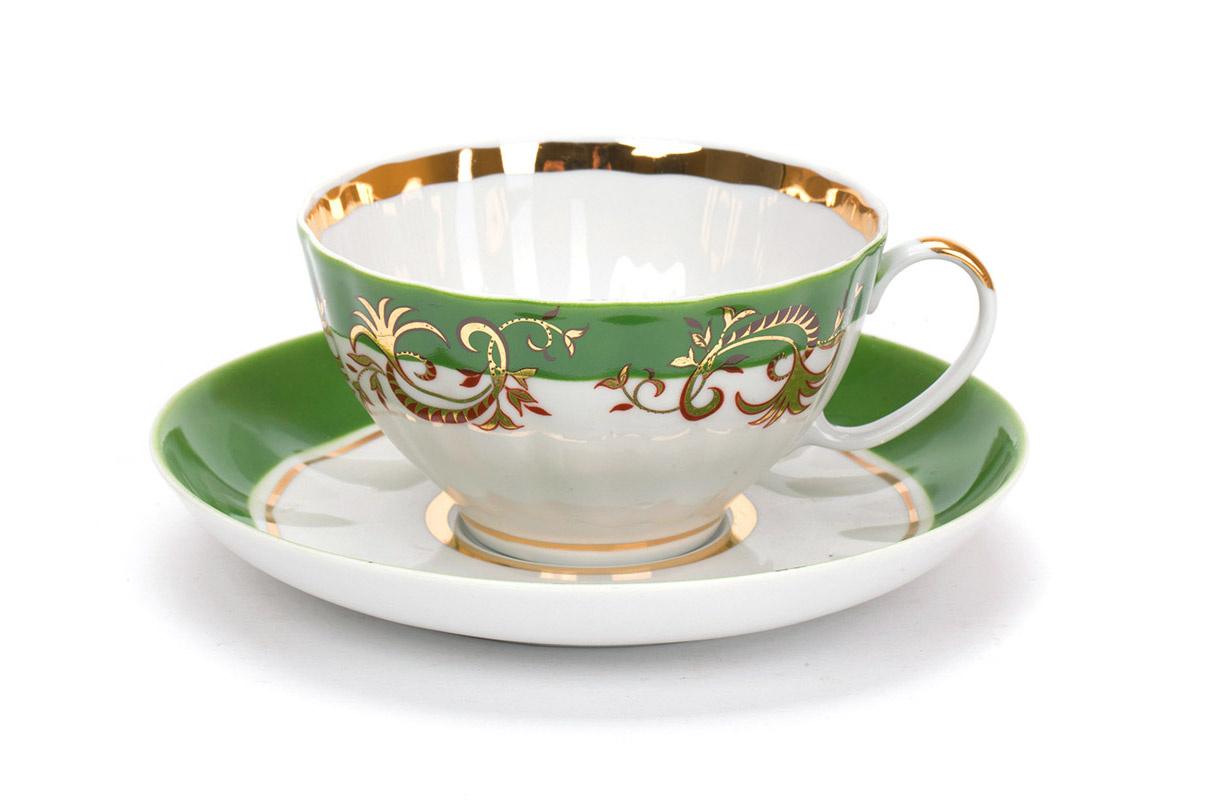 

Чашка чайная с блюдцем Дулево, Белый лебедь Кружево, 275мл., фарфор, Белый;золотистый;зеленый, Белый лебедь