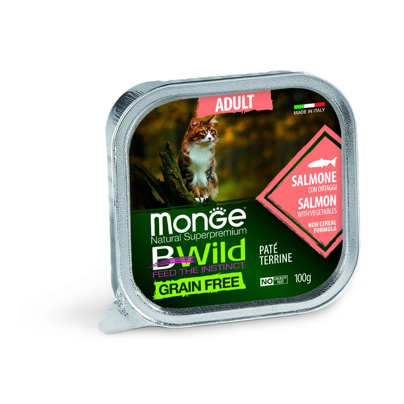 фото Влажный корм для кошек monge cat bwild grain free, лосось, овощи, 32шт, 100г