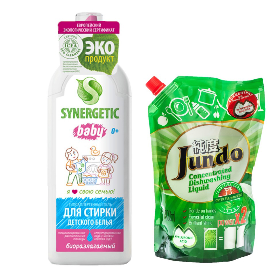 

Гель д/стирки детского белья Synergetic 1л+Гель для мытья посуды Jundo Green tea,0,8л