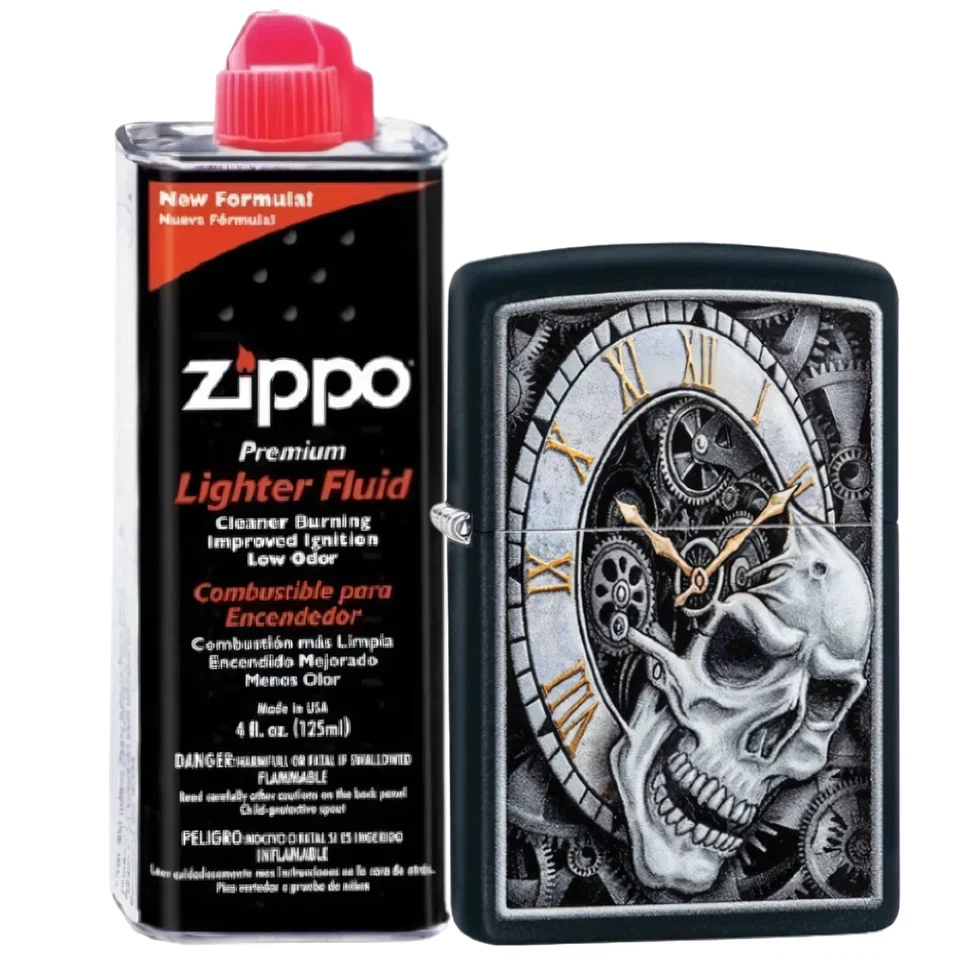 

Бензиновая зажигалка ZIPPO 29854 Skull Clock Black Matte + бензин Zippo 125 мл 29854-3141, Черный