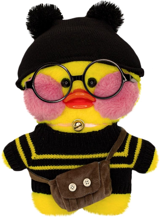 Мягкая игрушка Lalafanfan Duck в черной шапочке с помпонами желтая 30 см